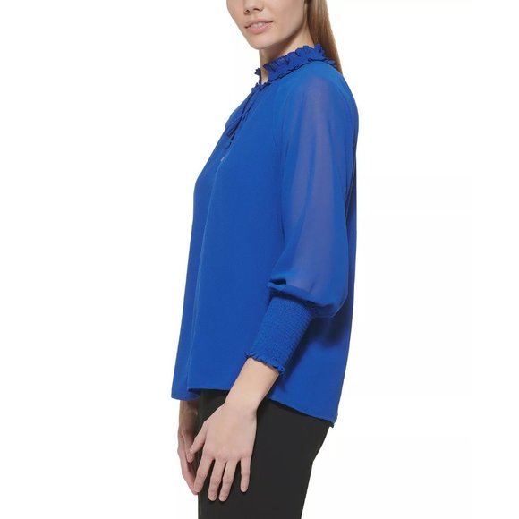 CALVIN KLEIN Long Sleeve Ruffle Collar Blouse in Klein Blue - Medium - Picture 3 of 4